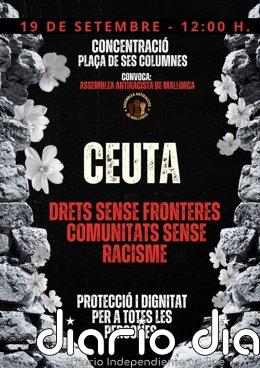 Convocan una concentración en Palma este sábado contra las políticas migratorias de la UE Cartel de la manifestación antirracista por la situación en Ceuta.