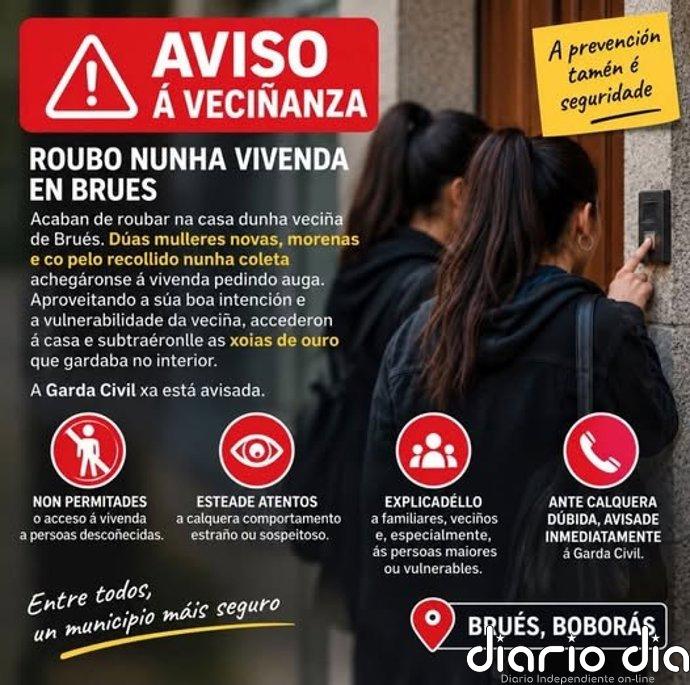 El Ayuntamiento de Boborás pide precaución a sus vecinos tras producirse un robo de joyas en una vivienda de Brues