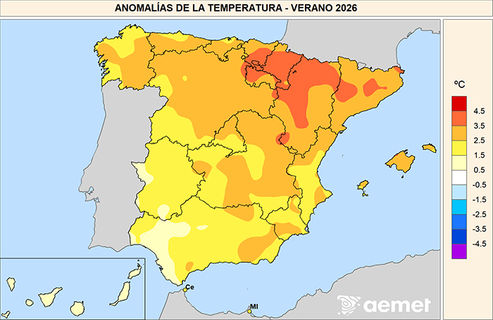 Anomalías de la temperatura registradas en el verano de 2026 respecto al promedio normal del período 1991-2020.