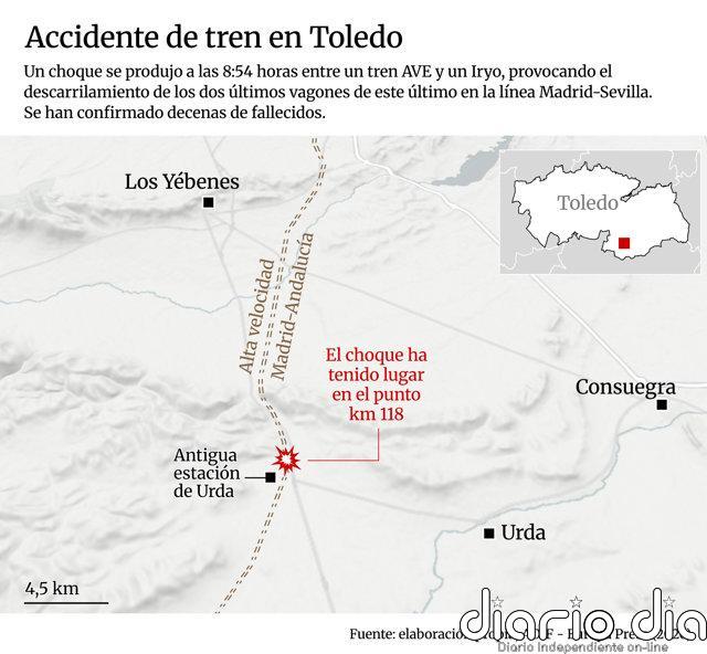 Accidente de tren en Toledo: qué se sabe hasta ahora del choque entre un Iryo y un AVE y mapa de la zona
