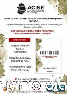 Acise organiza en Cáceres la presentación del libro 'Una sociedad terrible: miedo y decepción' de Marcelo Sánchez-Oro