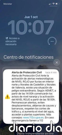 El ES-Alert vuelve a sonar en la Comunitat ante la alerta roja por lluvias Mensaje del ES-Alert