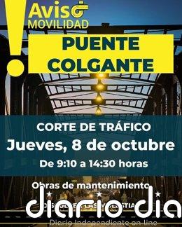 Obras en el pavimento cortarán al tráfico el puente Colgante de Valladolid durante la mañana de este jueves Información del Ayuntamiento de Valladolid sobre el corte de tráfico este jueves en el puente Colgante.