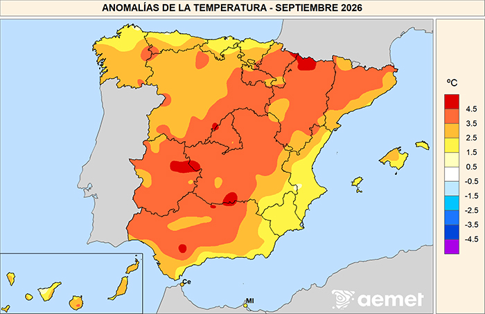 Anomalías de las temperaturas medias en septiembre de 2026 respecto al período 1991-2020.
