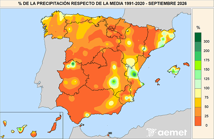 Porcentaje de la precipitación con respecto a la media 1991-2020 en septiembre de 2026.